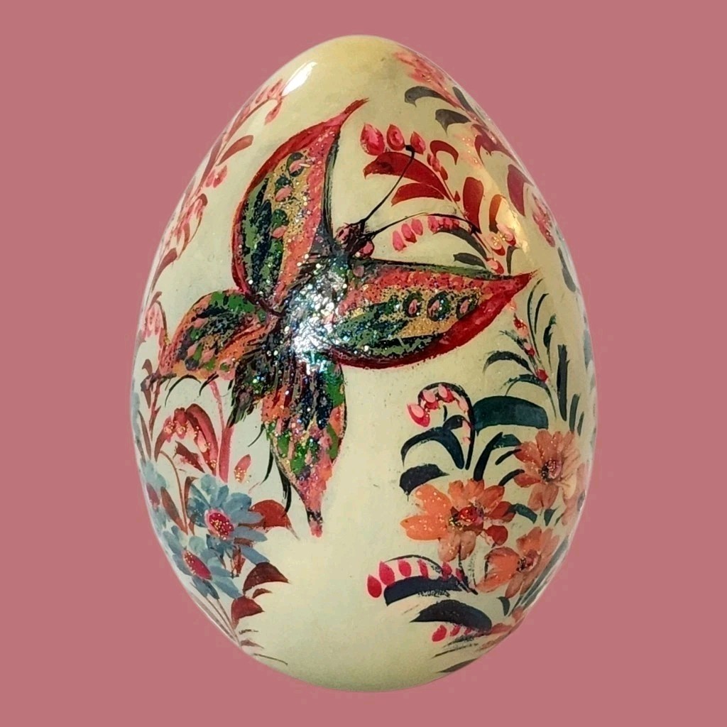 Vintage Handpainted Wooden Egg Butterflies & Flowers 3.75″T Signed Rare EC