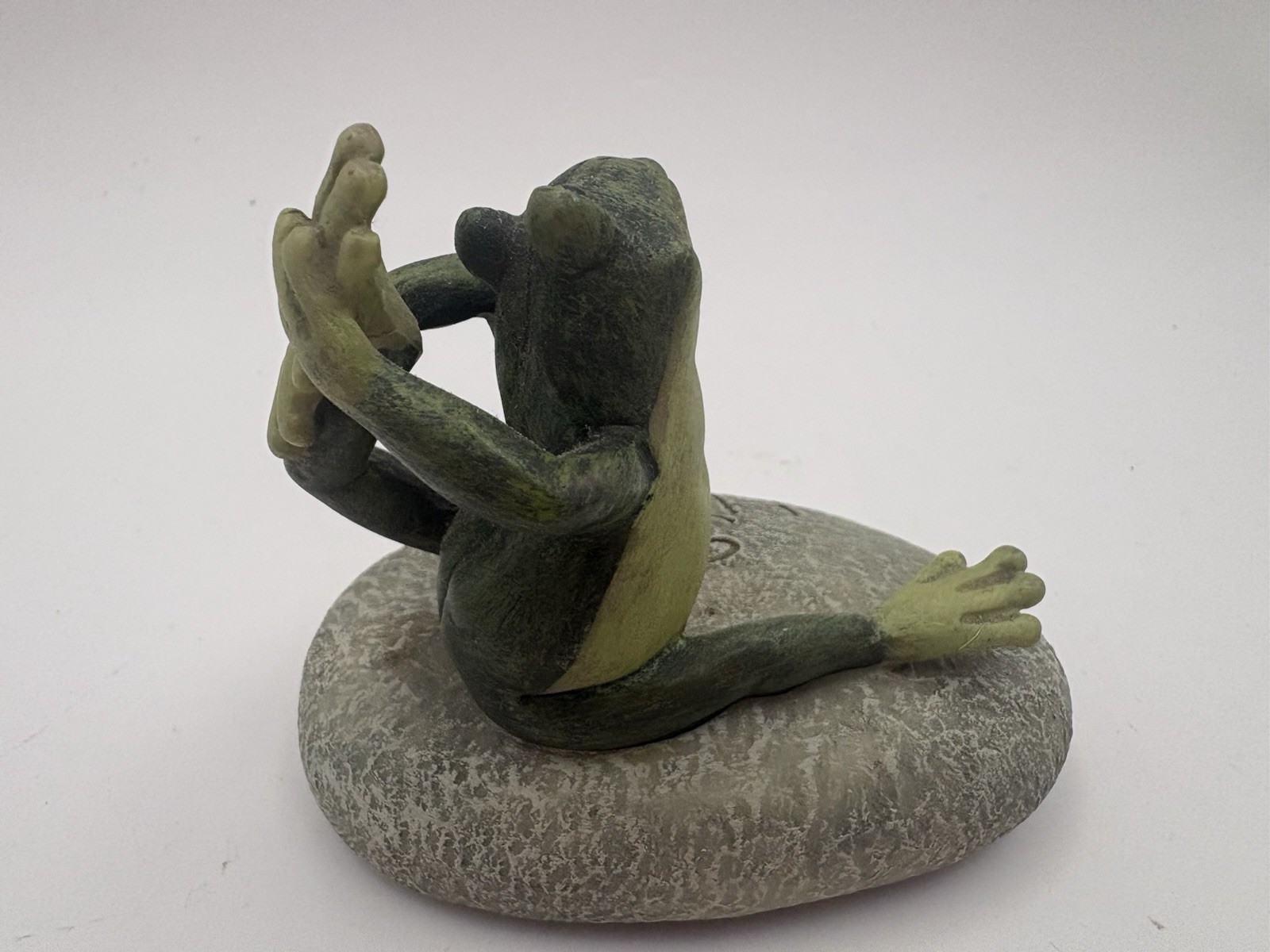 Frog Doing Yoga Pose on Seek Harmony Rock Anthropomorphic Figurine Zen Whimsical