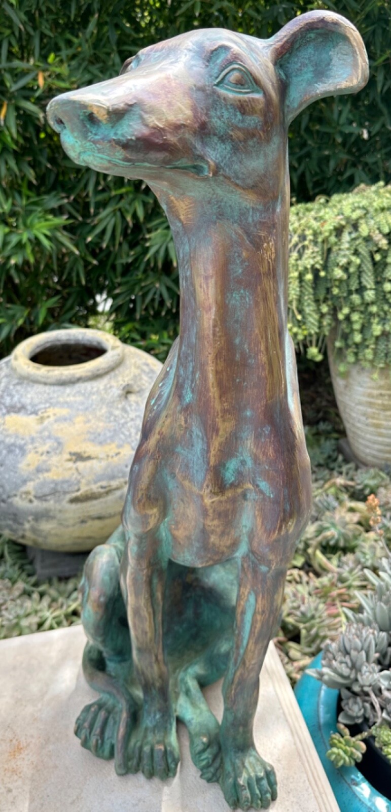 Vintage Italian Life Size Carved Wood Gold Verdigris Greyhound Baroque Sculpture