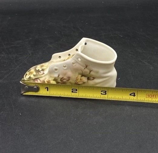 Victorian Ornate Lace Up Baby Shoe Figurine Yellow & Brown Flowers 1880?