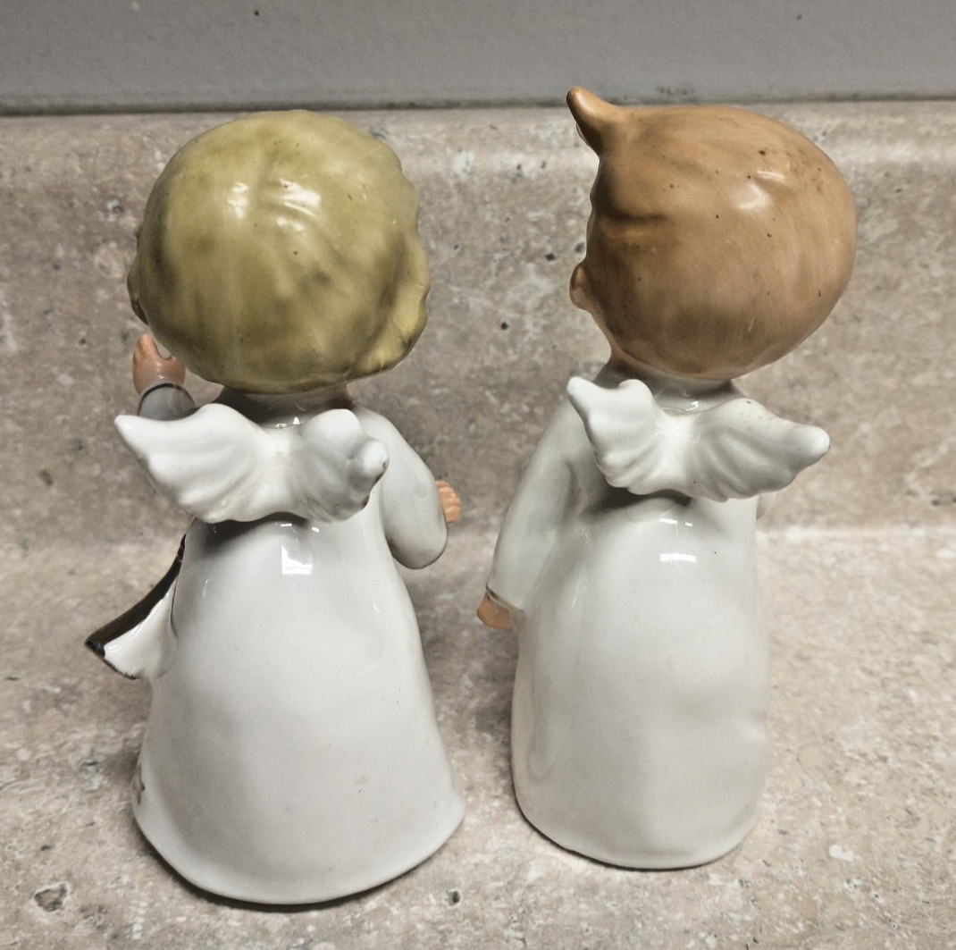 2 VTG 1950s White Gold Porcelain Christmas/New Year Winged Angel Figurines JAPAN