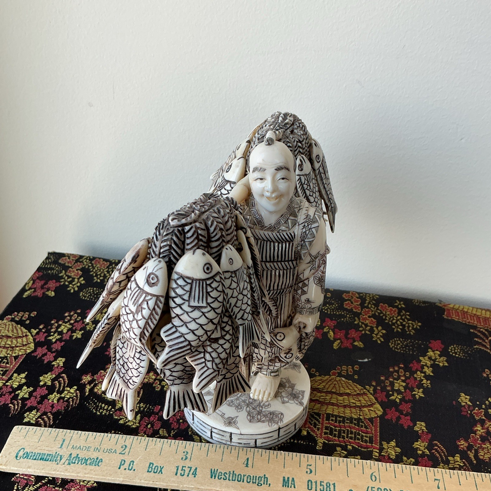 Hand Carved Ivory color Fisherman Figurine Carrying Fish Pole Ivory Black 6 in