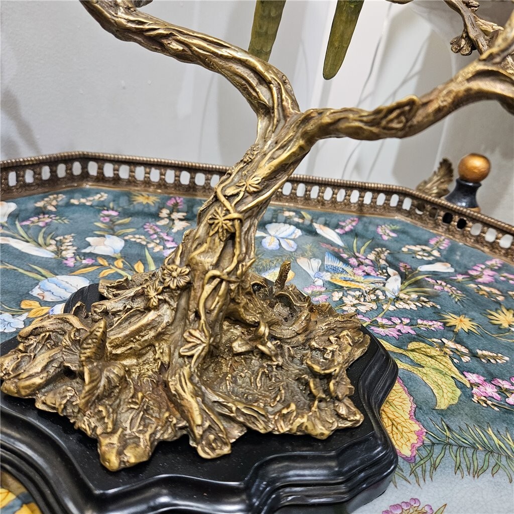 STUNNING PORCELAIN & BRONZE ORMOLU BIRDS ON TREE BRANCH SCULPTURE -18” X 16”H