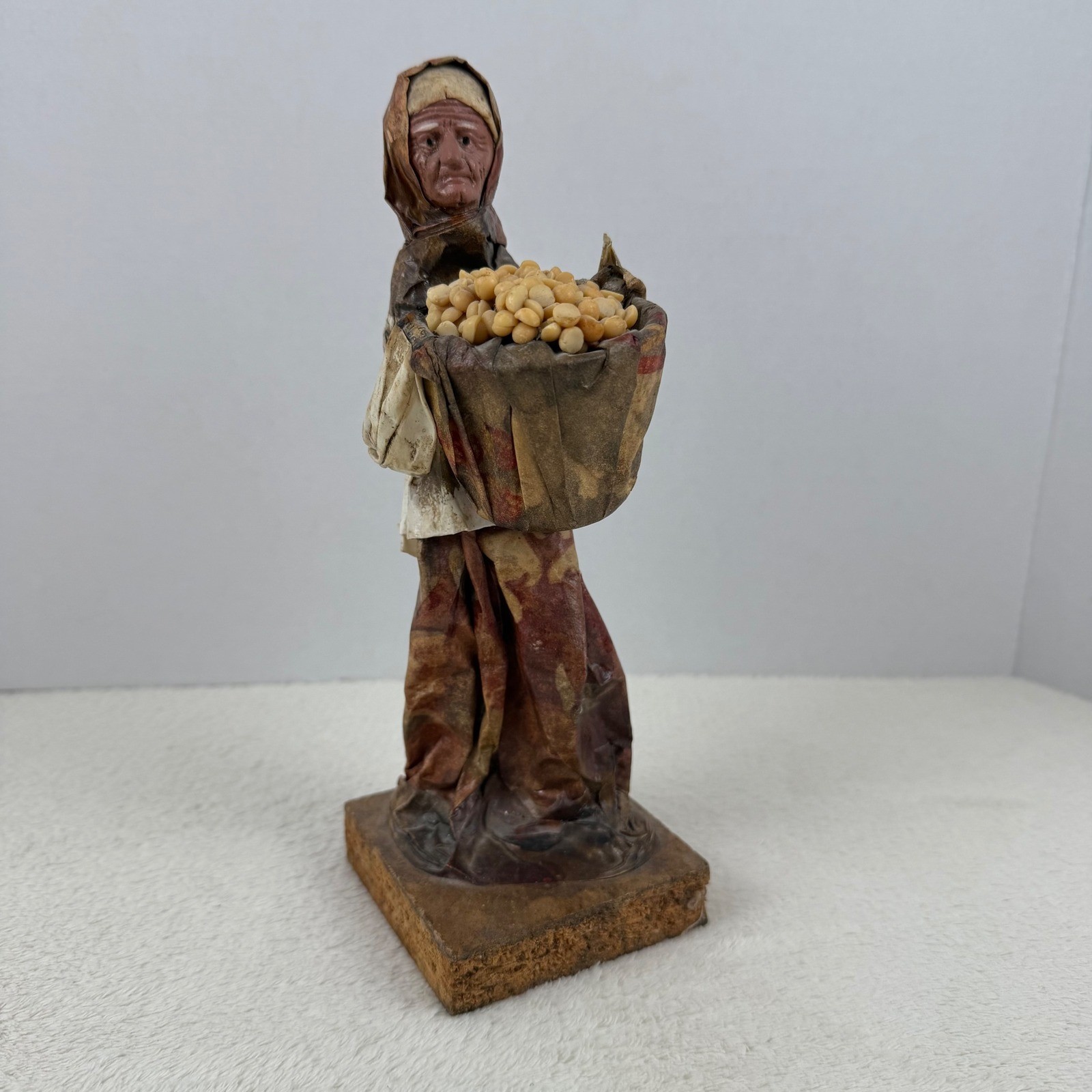 Vintage Mexican Folk Art Paper Mache Woman Figure Basket Beans Harvest Rustic