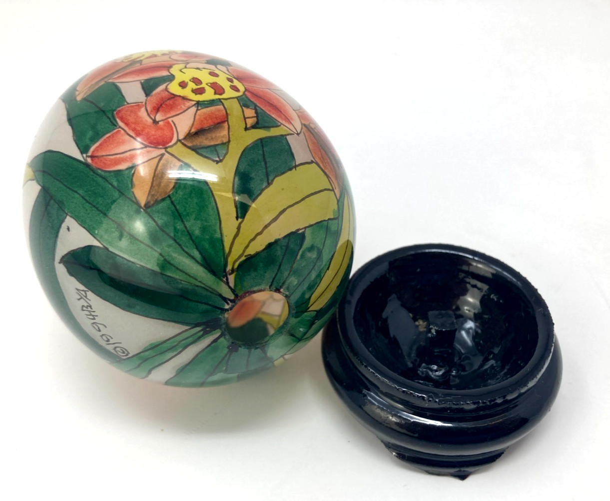 Vintage Li Bien Reverse Hand Painted Glass Egg Lily Flowers w/ Stand 1990s