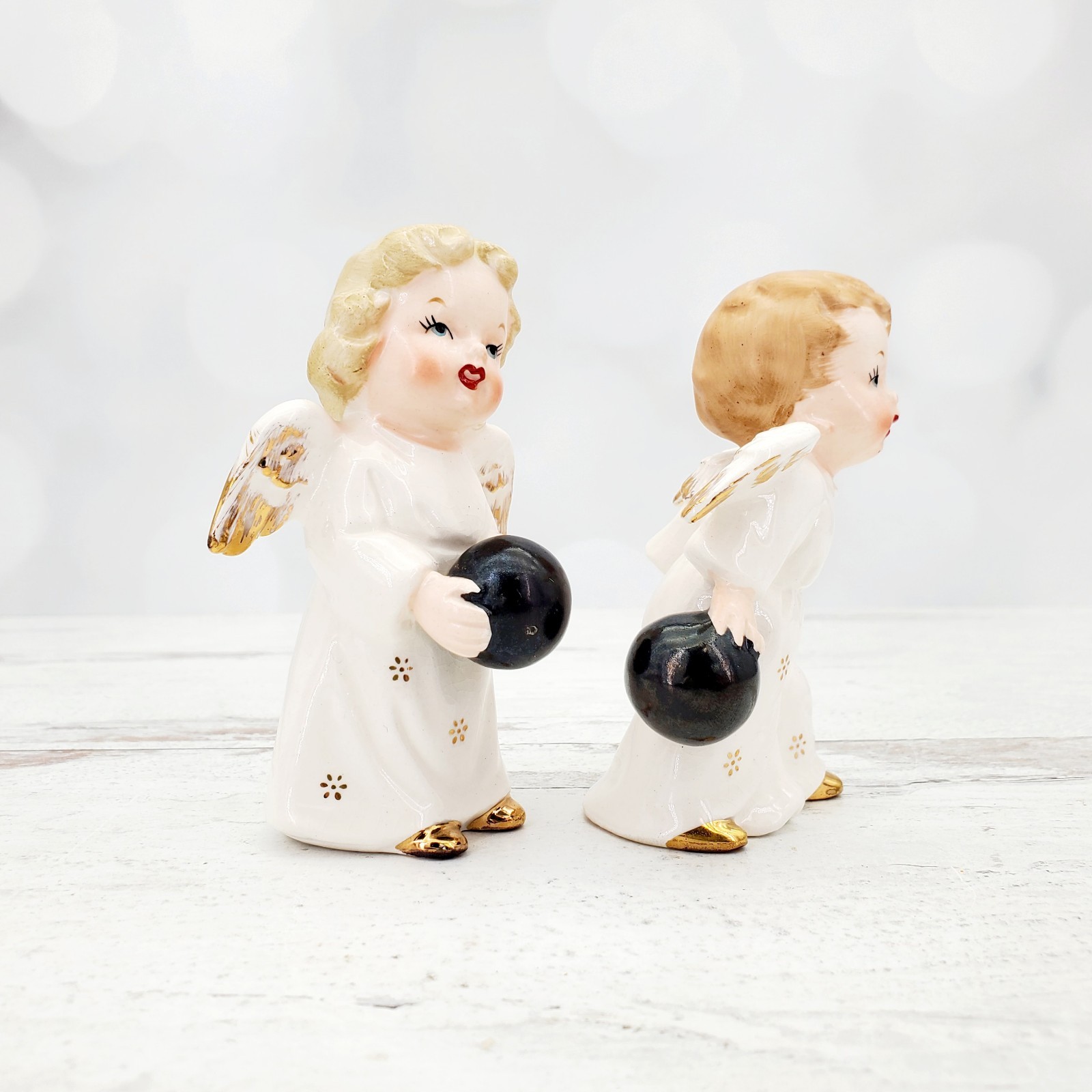 Vintage Japan Ceramic Bowling Angel Pair Ceramic Figurines | Gold Accents
