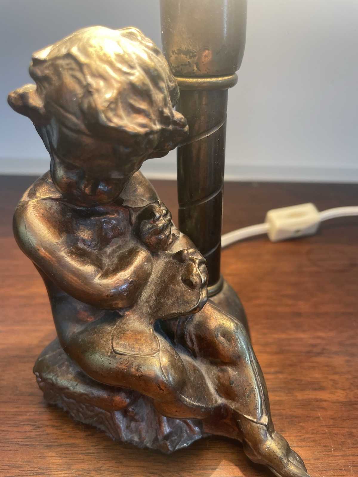 Vintage Cherub Figural Table Lamp | Spelter Putto Statue | Antique Bronze Finish