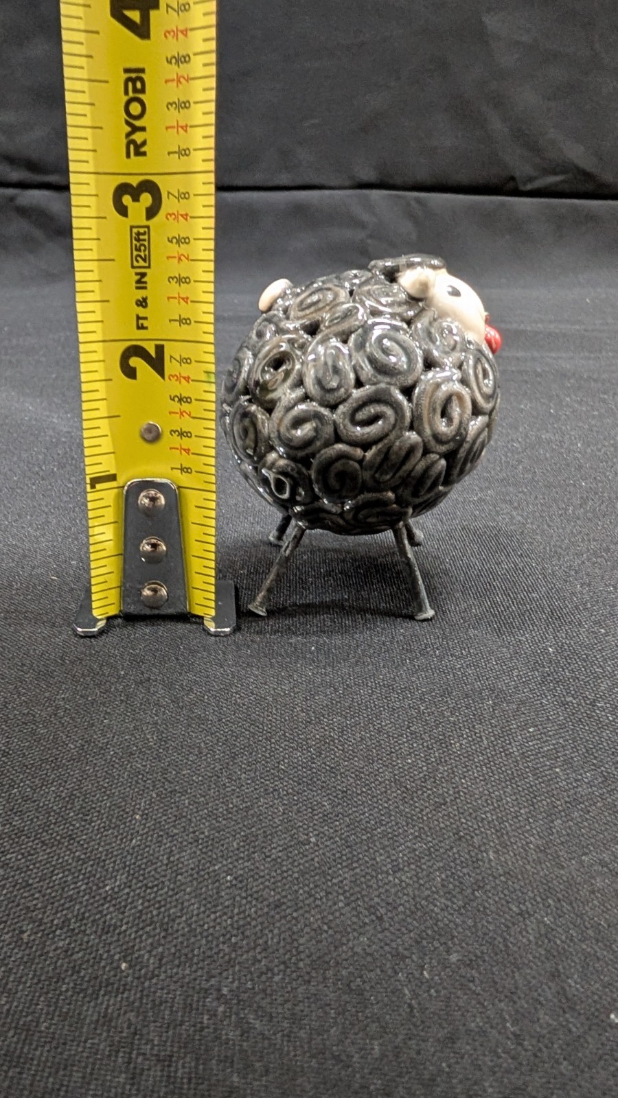 Handmade Black Ceramic Sheep figurine with a Red Heart and Metal Legs