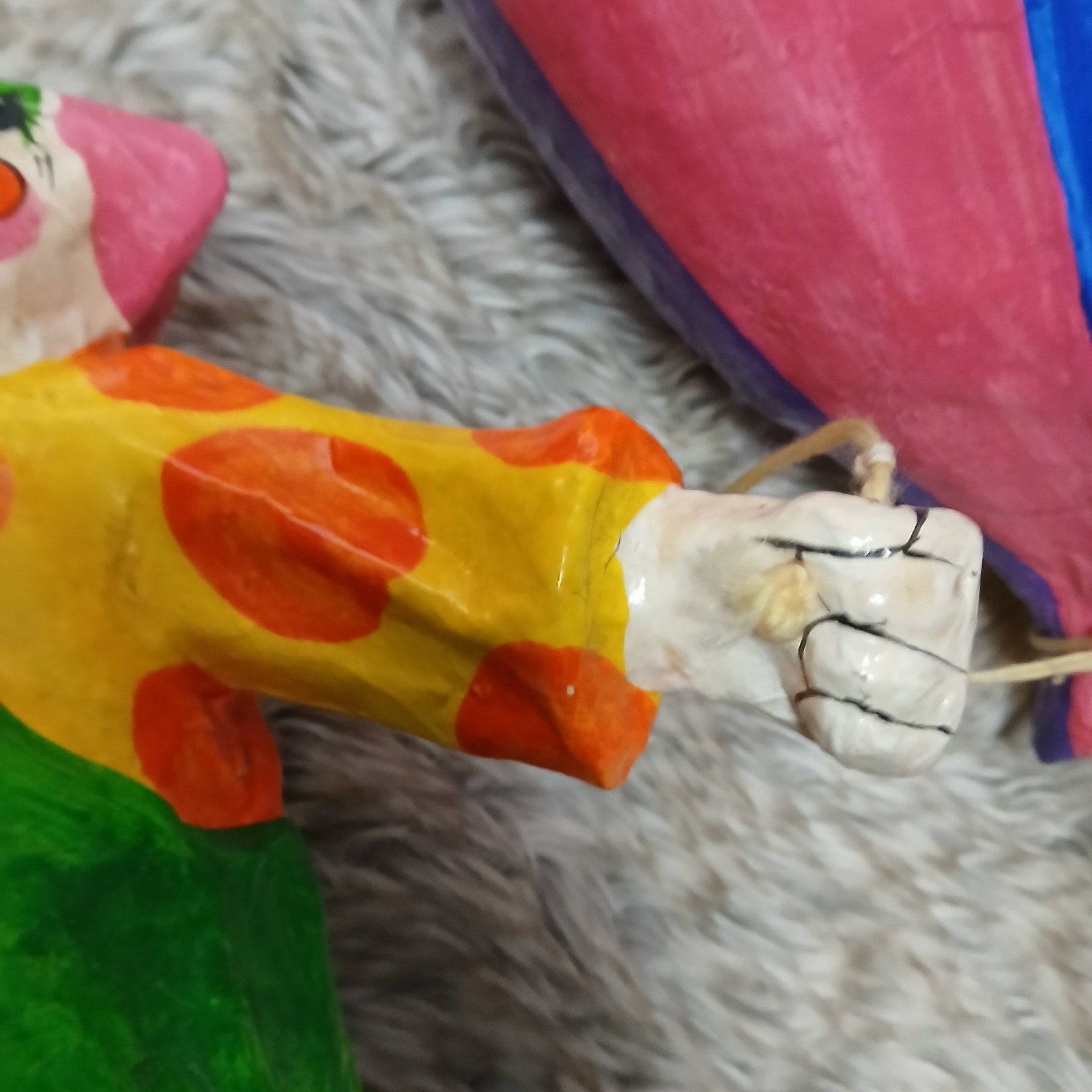 Handmade Colorful Paper Mache Clown Figurine with Balloon Vintage Circus Decor