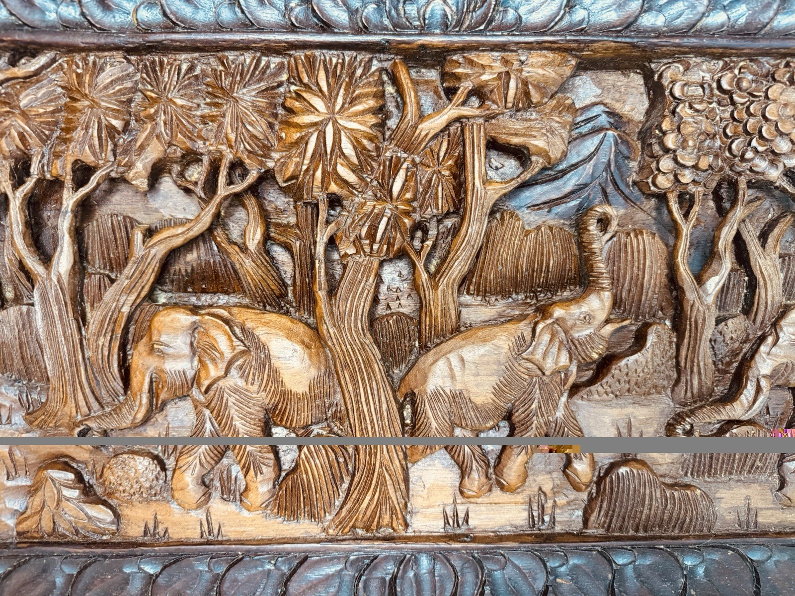Vintage Thailand Elephants Scene Hand Carved Teak Wood Wall Hanging Art