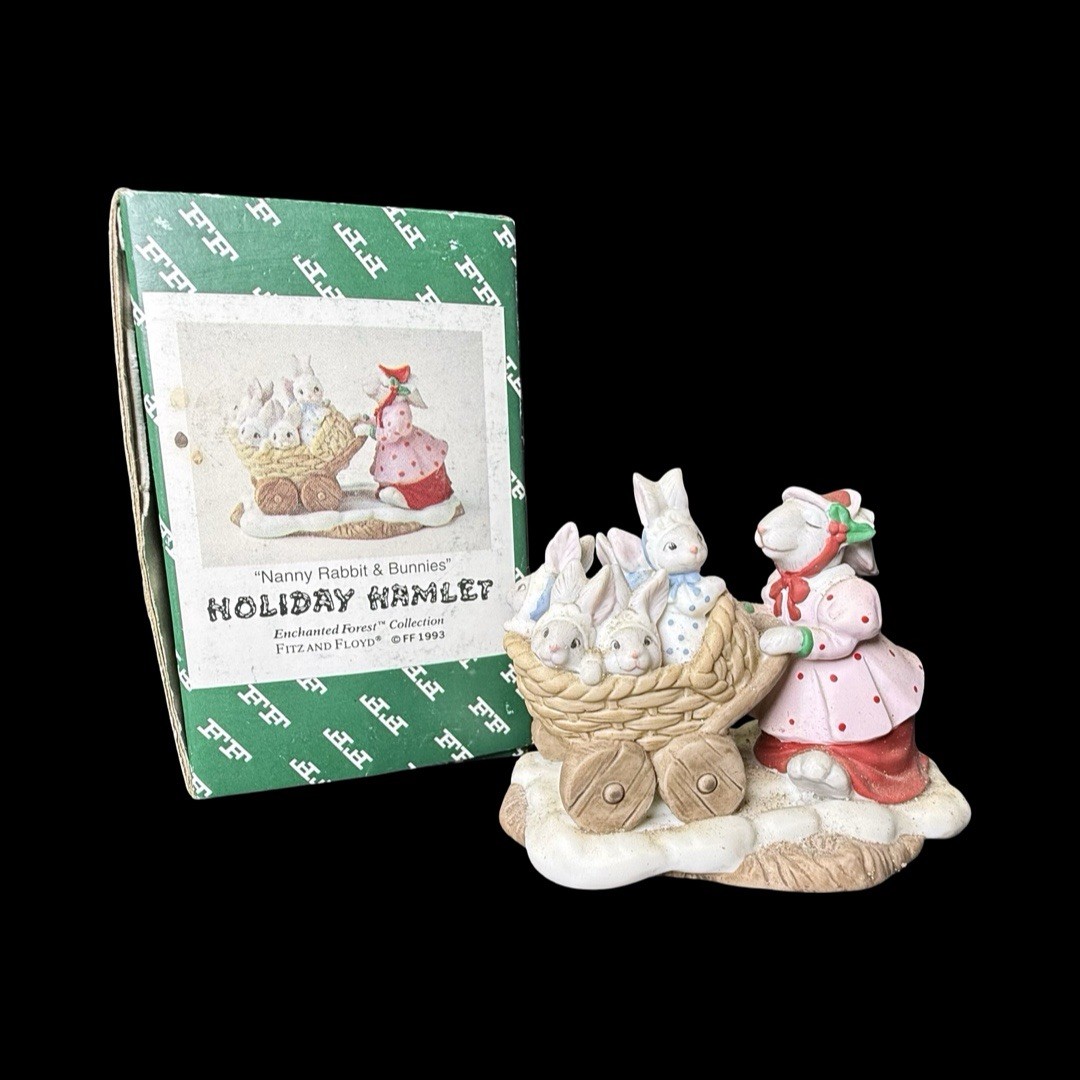 Fitz Floyd Enchanted Forest Holiday Hamlet Nanny Rabbit & Bunnies Figurine 1993