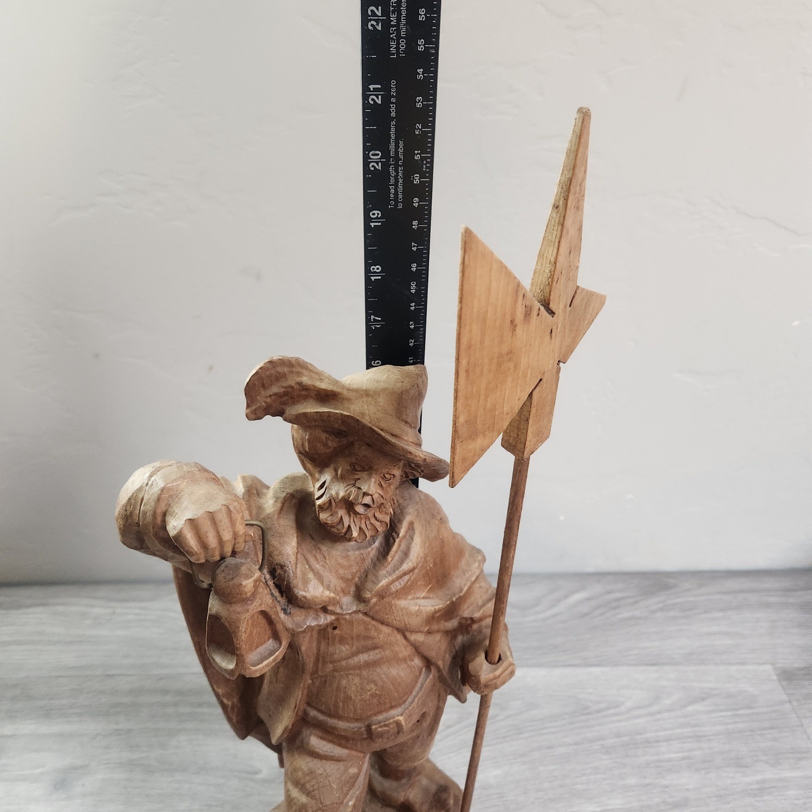Vintage Hand Carved Fine Wood Man Traveler Lantern Night Watcher Solid Folk Art