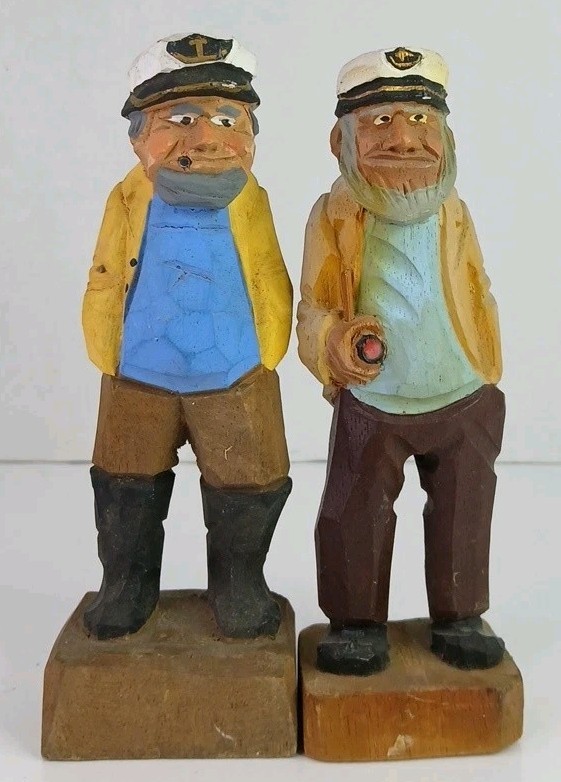 Vintage Hand Carved Wood Sea Captain Figurines Pair Nautical Sailor Old Salt Art