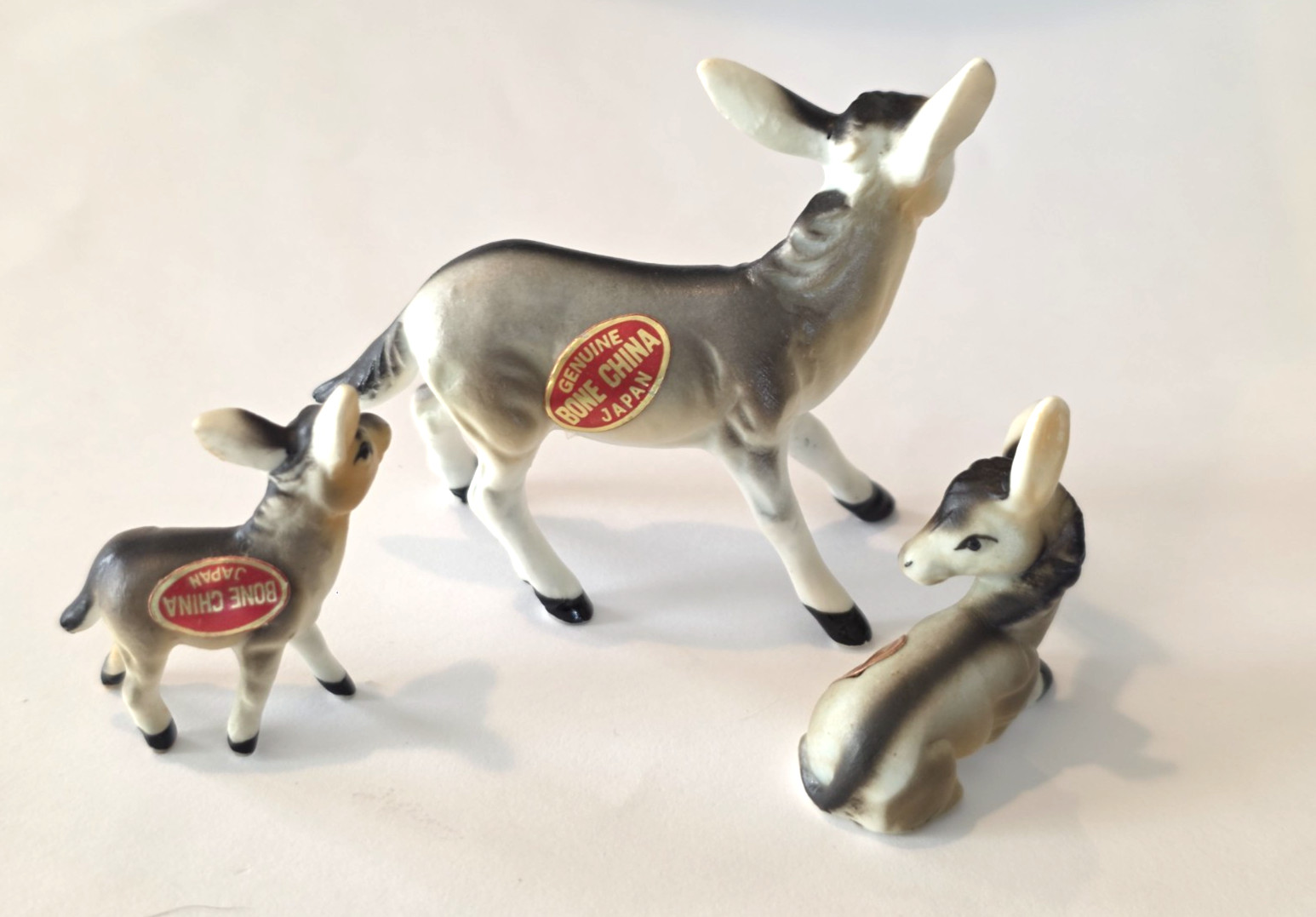 Vintage Bone China Japan Donkey Miniature Figurine Family Set of 3 Matte w label