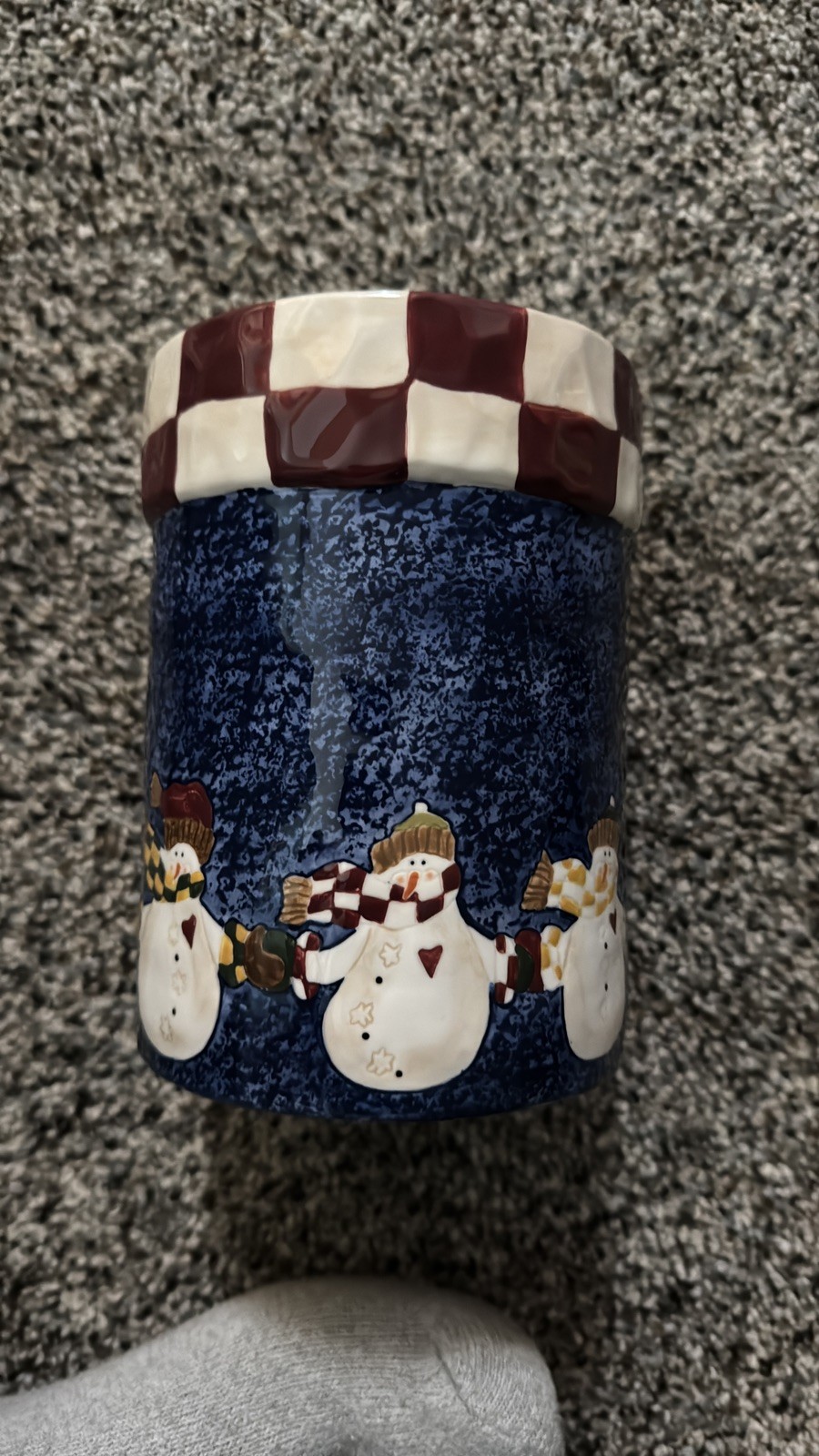 Boyds Collection Snowmen Burt’s Bundle Up Utensil Crock 2000 Shiny Blue Ceramic