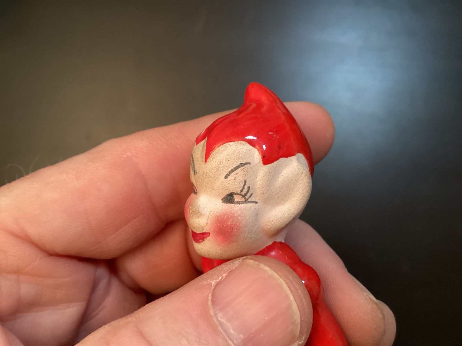 VINTAGE MCM 1950s Red ELF PIXIE Sitting Ceramic Figurine
