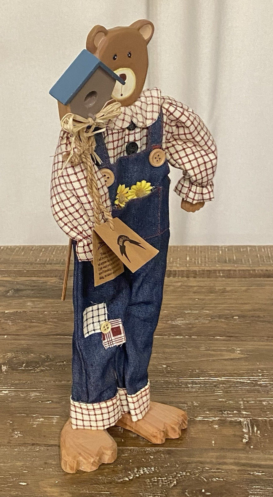 Frieda Friendship Bear 15″ Wood Grizzly Mimi Doll in Overalls w/ Bird House USA
