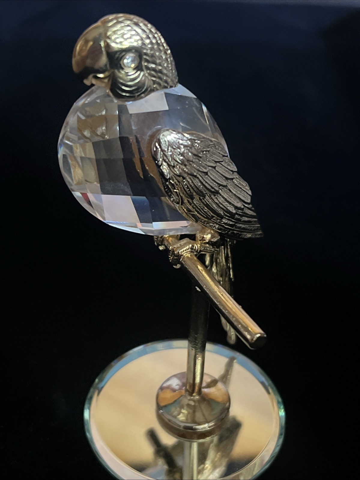 Vintage 1984 Swarovski Manon Crystal Parrot on Perch Figurine Gold Tone Mirror