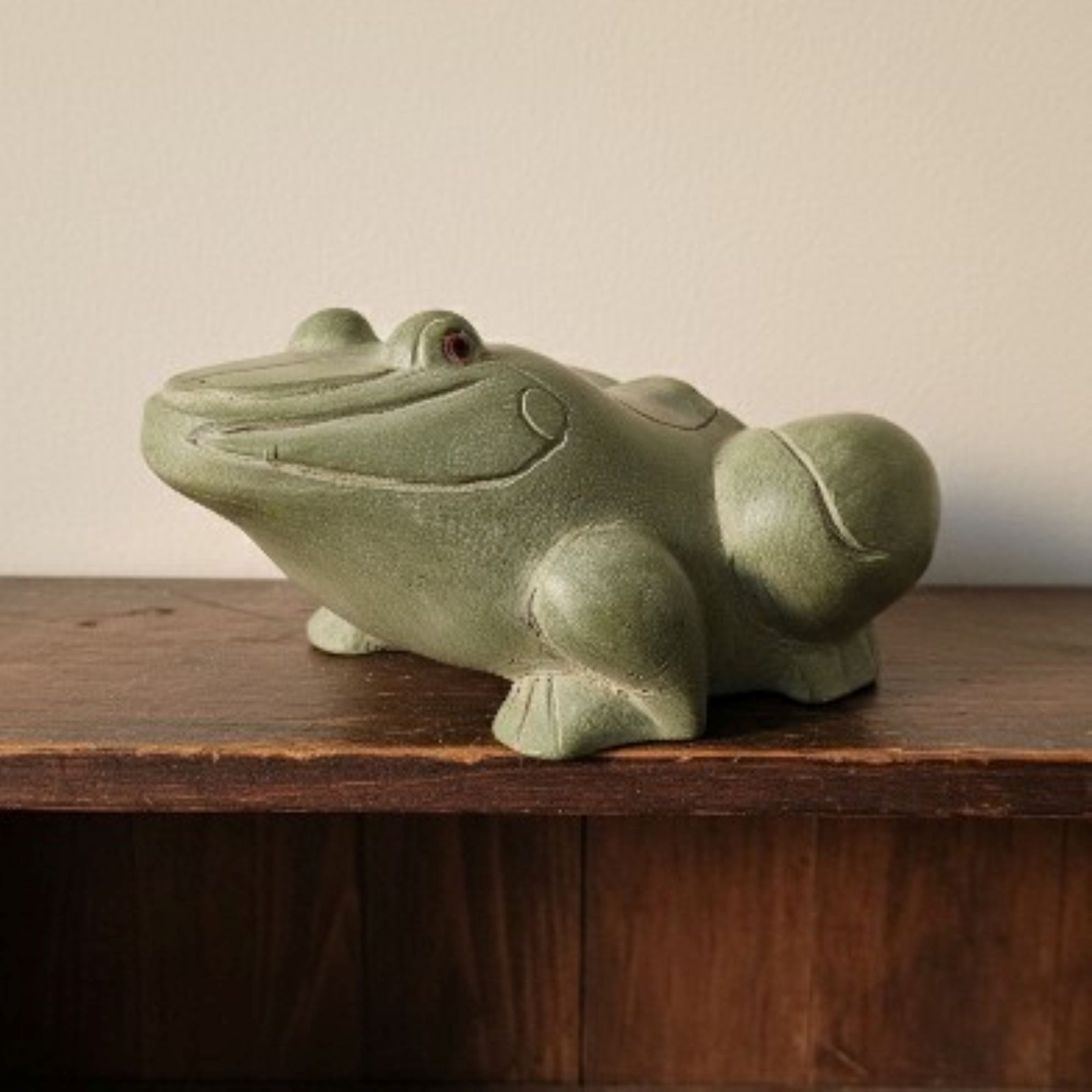 Vintage Thai Hand Carved Wood Frog Trinket Box Green Painted Folk Art Thailand