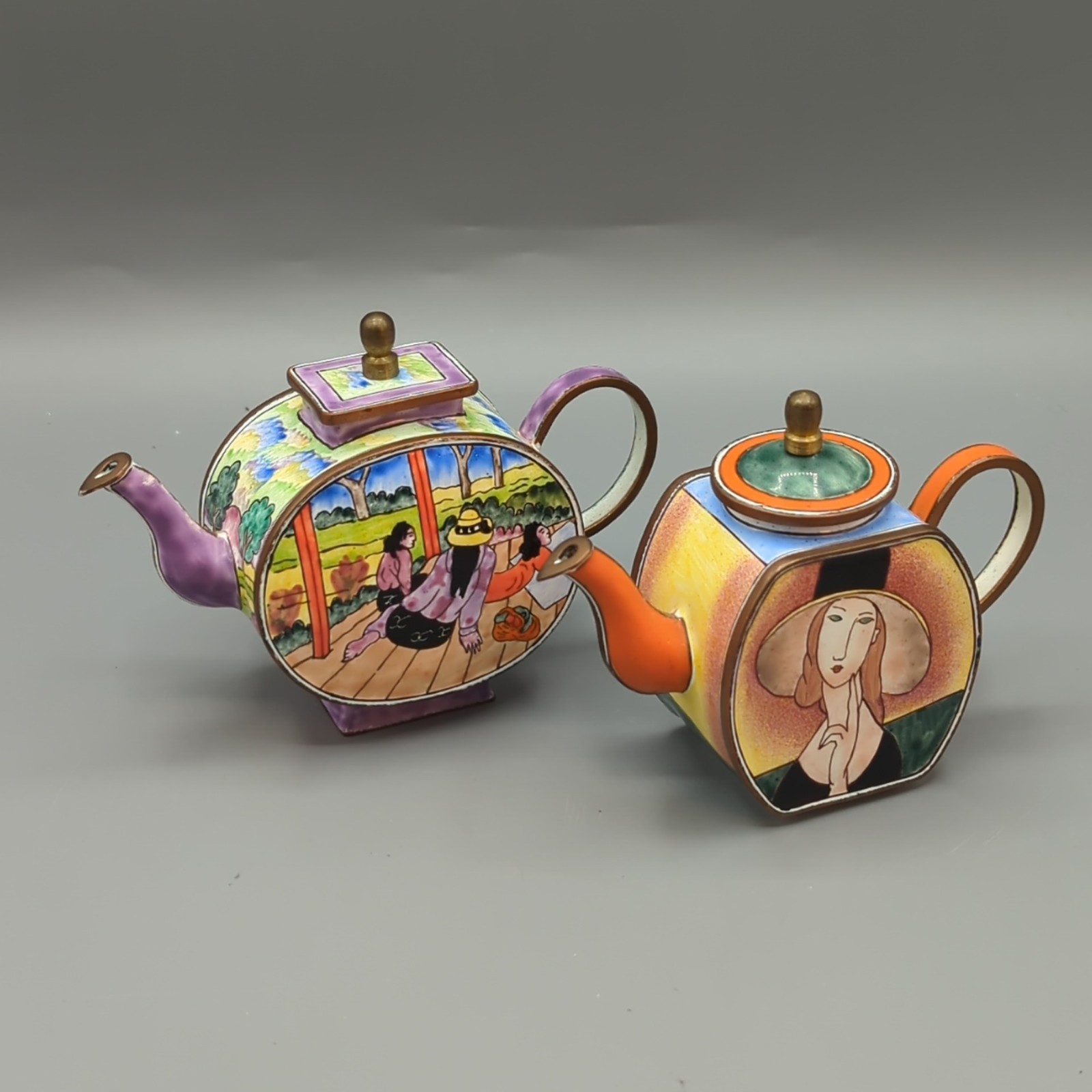 Lot of 2 Kelvin Chen?? Mini Lidded Asian Teapot Enamel Copper Hand Painted