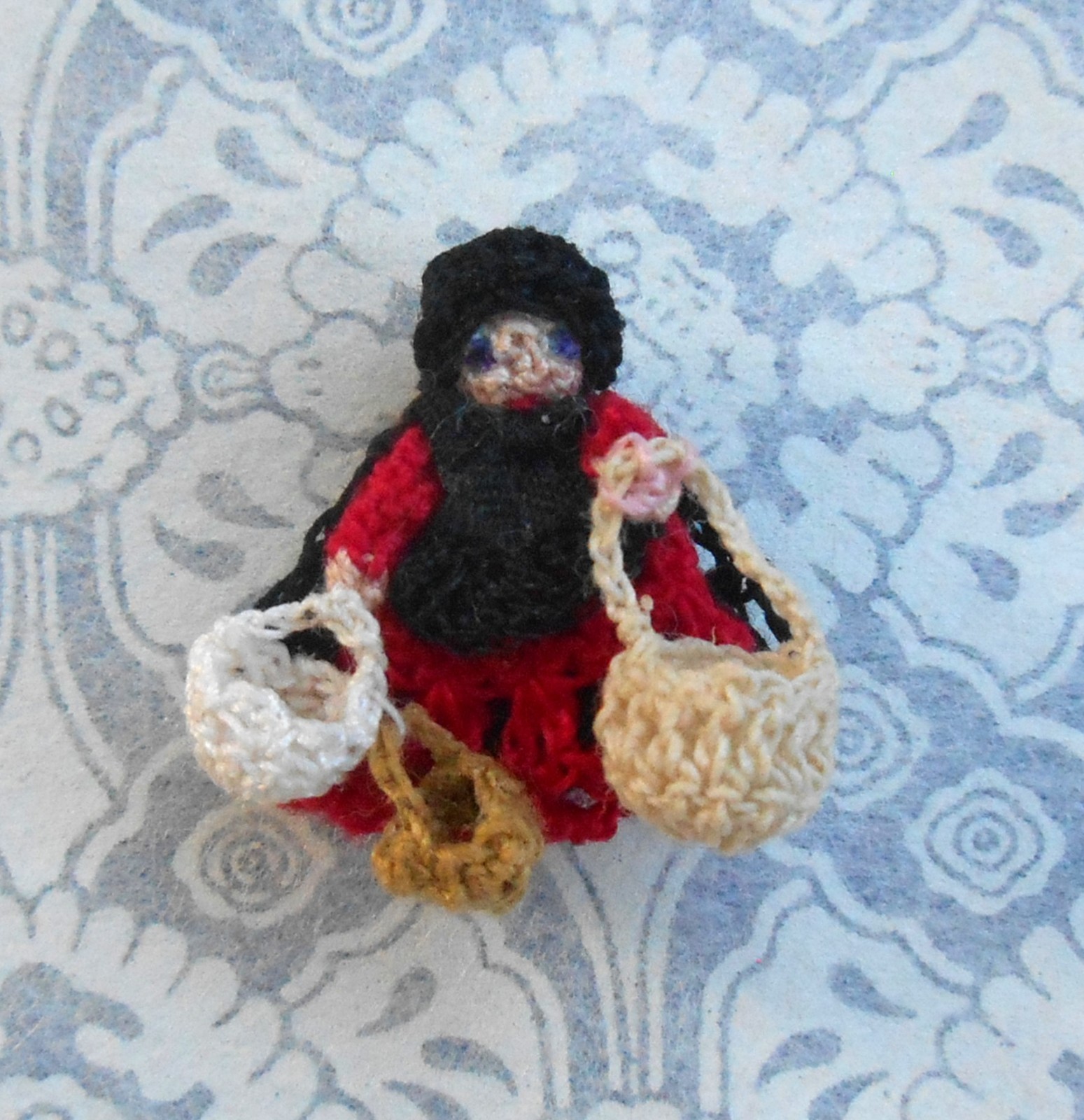 Miniature Crochet Peddler Doll with Baskets DOLLHOUSE MCrossland Artist 1:24