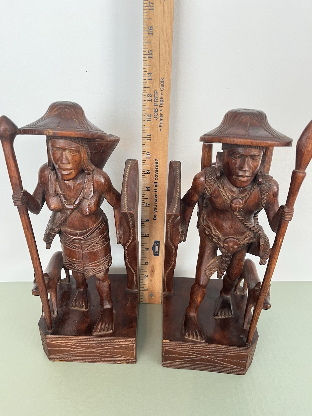 Vintage Hand Carved Wood Tribesmen Pair Of Bookends From Philippines 13 Inches