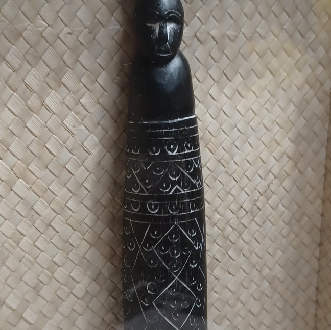 Wood Woman Figurine Wall Hanging Black Beige Geometric Pattern Carved