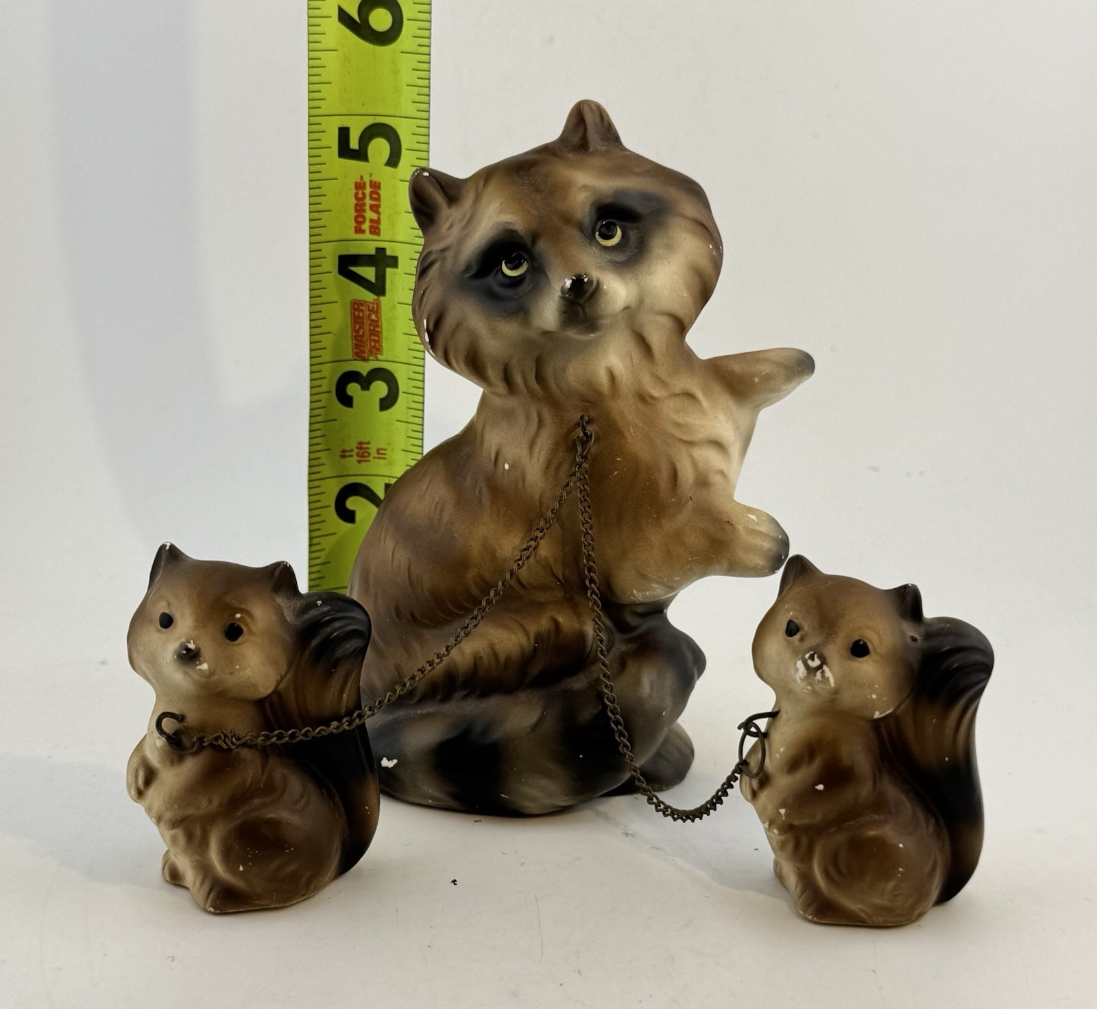 Vintage Japan Chained Raccoon Family Mother Babies Woodland Forest READ