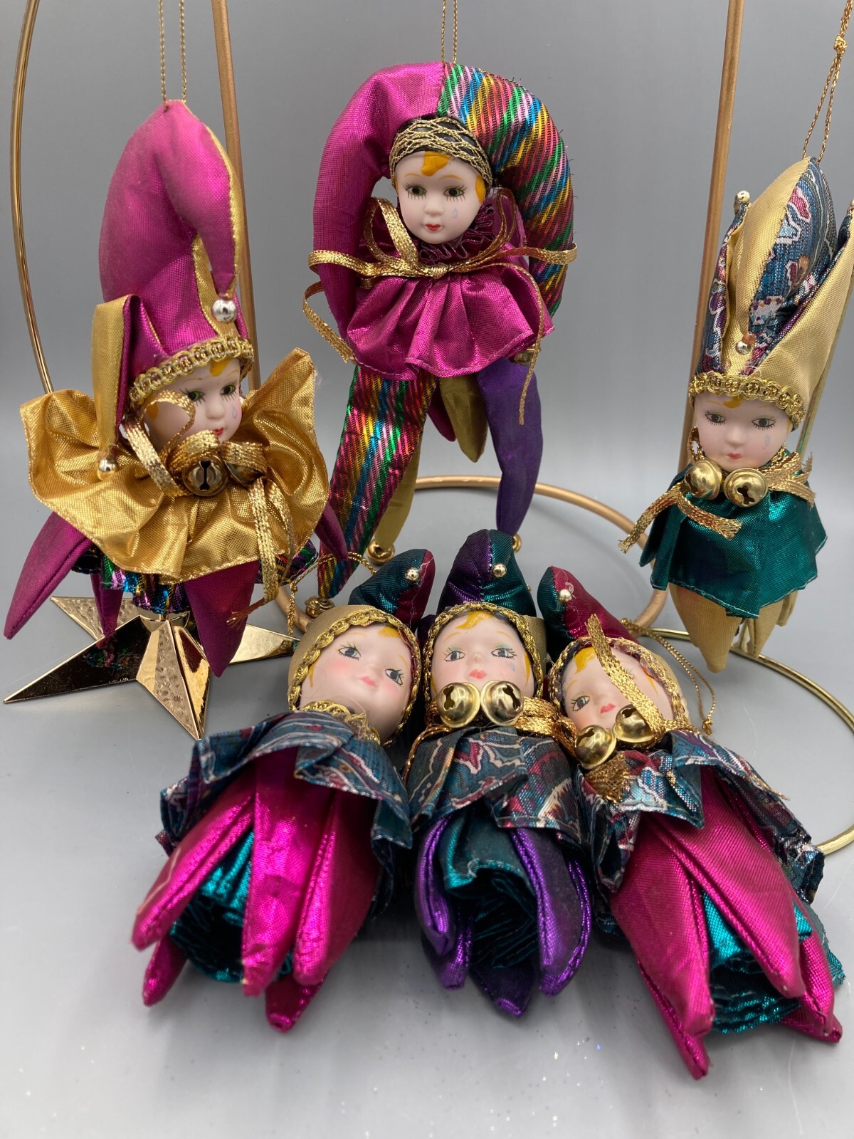 Six Mardi Gras Harlequin Jester Porcelain Face Ornaments Red Green Purple Gold