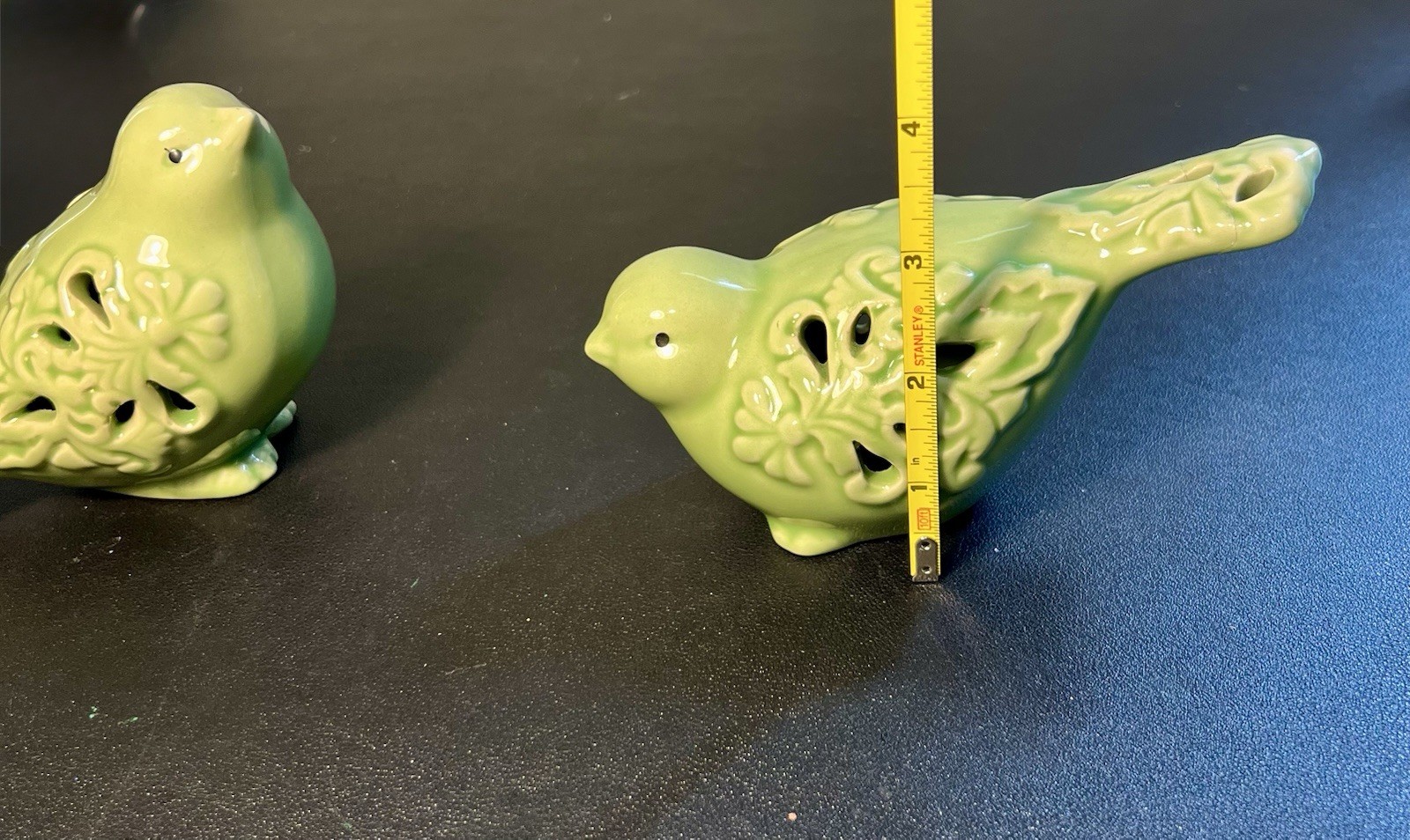 2 Green Ceramic Pierced Floral Bird Figurines, 5×5.5” REPAIRED