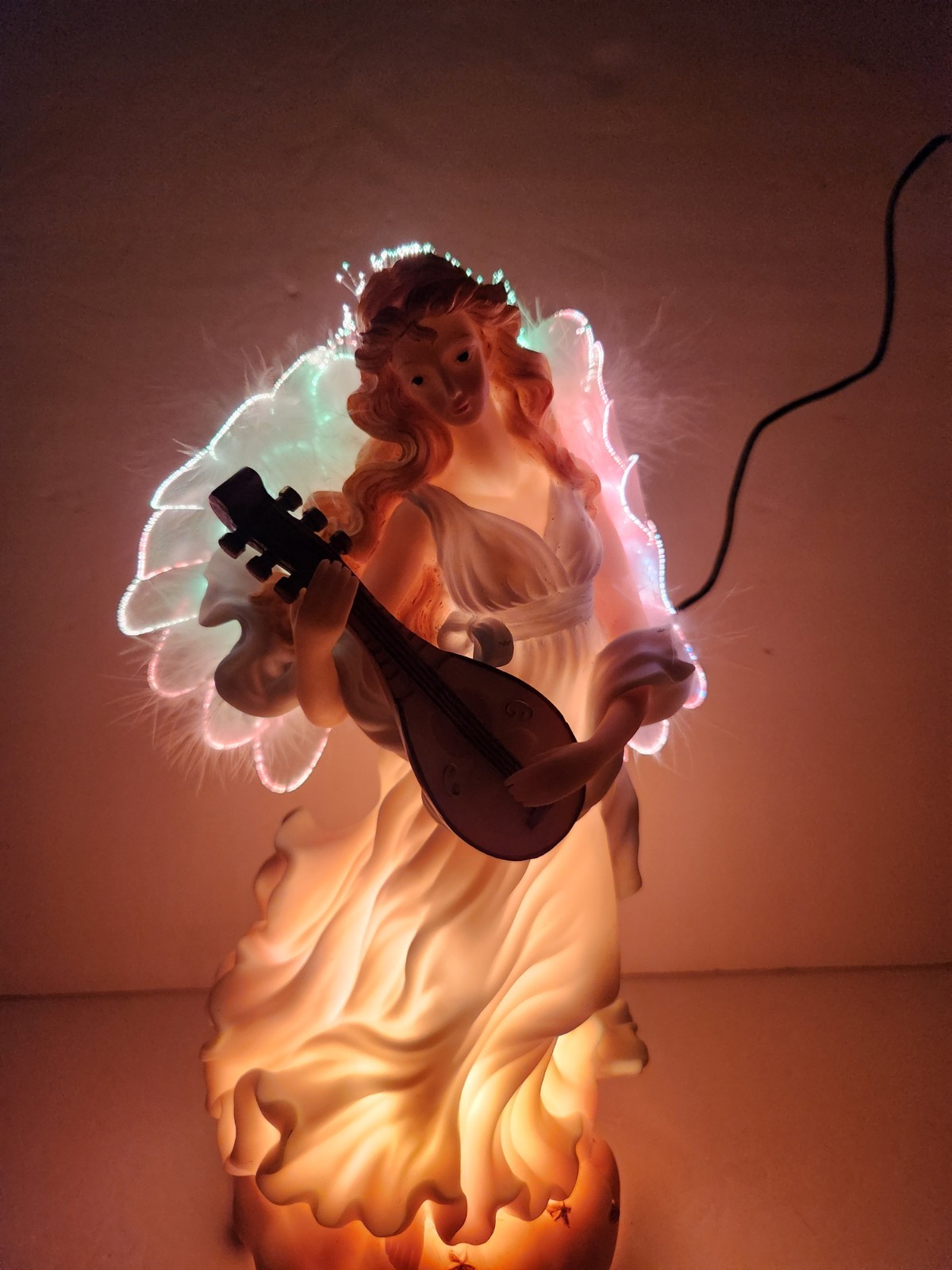 Vintage Fiber Optic Angel Playing Mandolin Lighted Works Resin Spiritual
