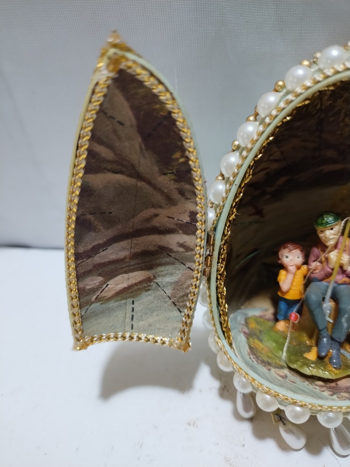 Vintage Diorama Easter Egg Man Fishing W/Child Dog Hinged Door Beaded Goose Egg
