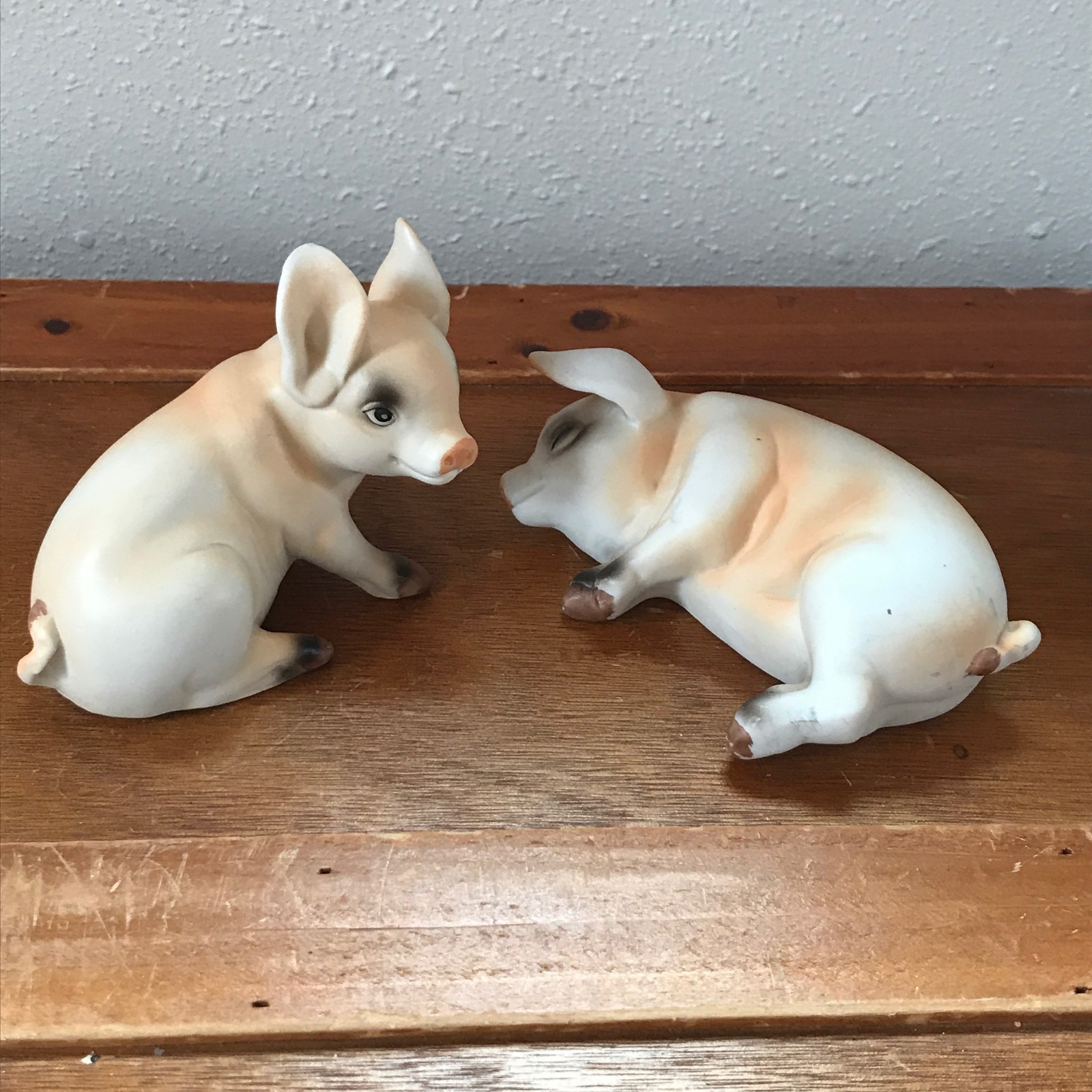 Estate Pair Lot of 2 Art Mark Signed Pink & Cream Porcelain Sleeping Sitting Pig