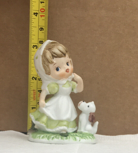 Homco Porcelain Figurine Little Girl In Green Dress with her dog puppy 3”