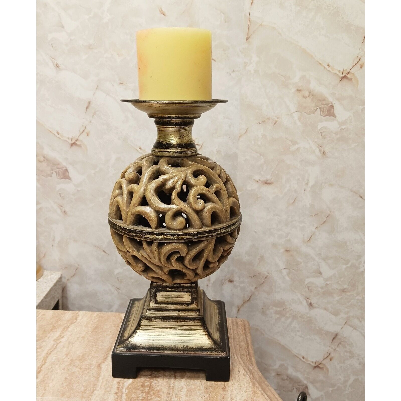 Ornate Candle Holder 12″ Art Deco Faux Alabaster Cut Out Globe Morrocan Boho VNT