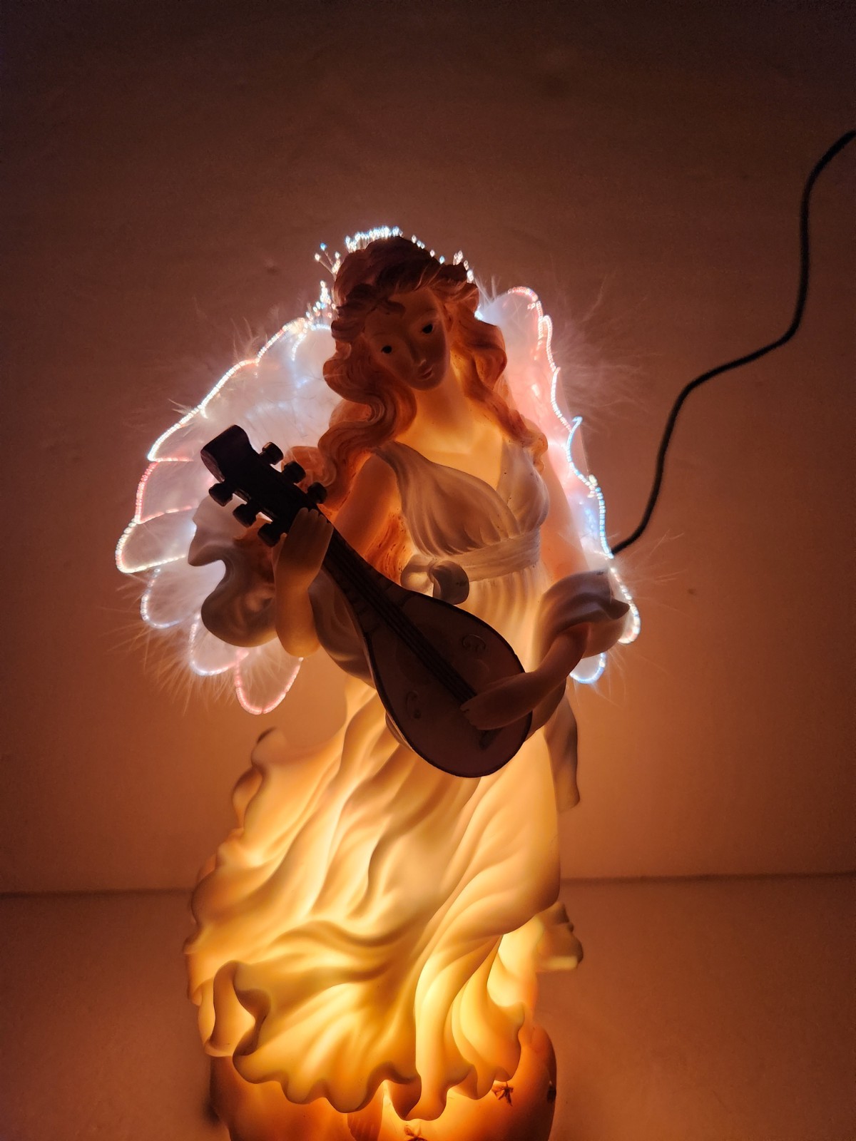 Vintage Fiber Optic Angel Playing Mandolin Lighted Works Resin Spiritual
