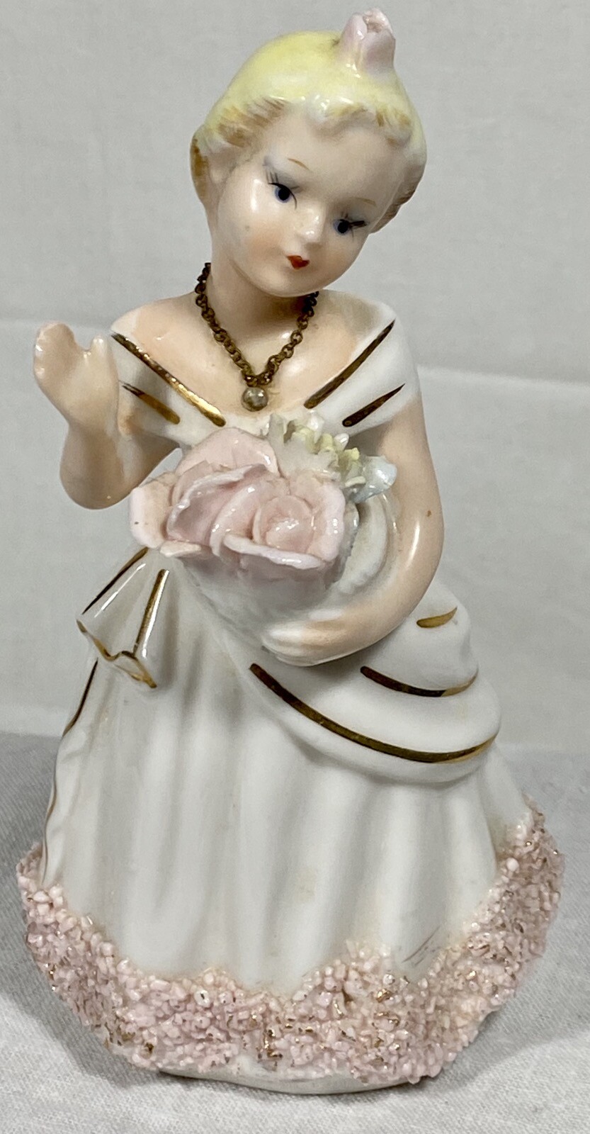 Vtg Napco Japan Flower Girl Figurine w Spaghetti Trim 5 1/2″ tall Excellent