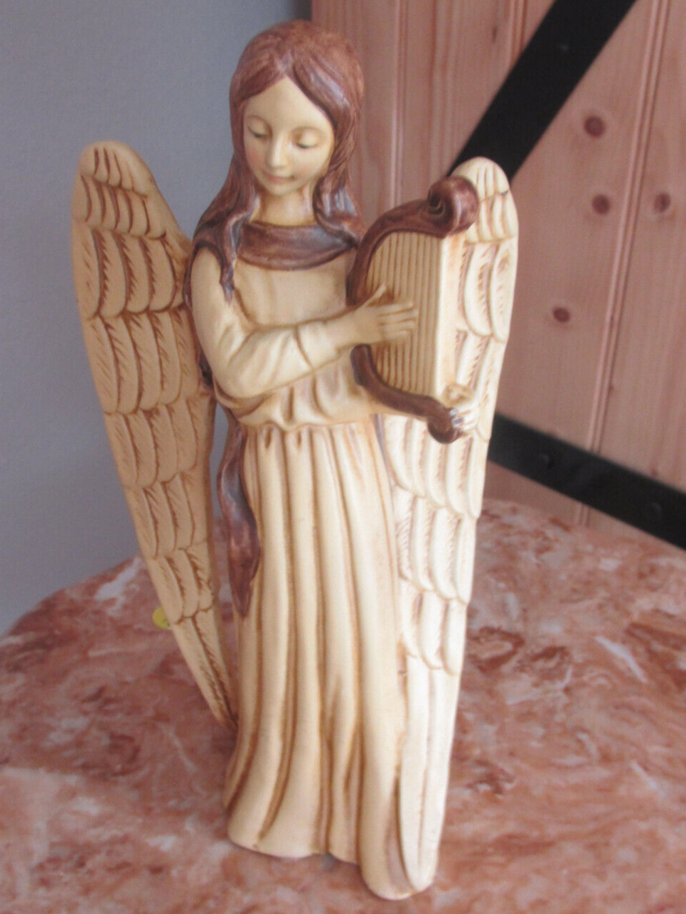 VINTAGE ANGEL WITH HARP STATUE 9″ TALL HAND PAINTED RESIN HOLIDAY FIGURINE JAPAN