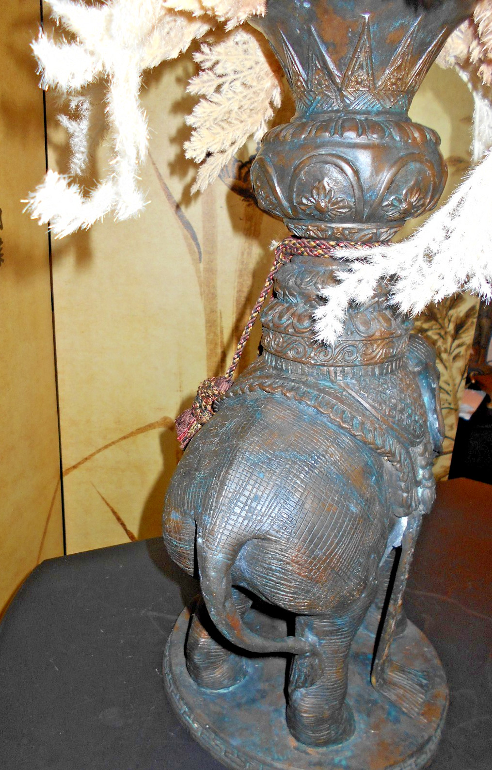 Exquisite Mailand Smith Bronze Elephant Sculpture/Vase w/ Silk Foliage 33″ tall