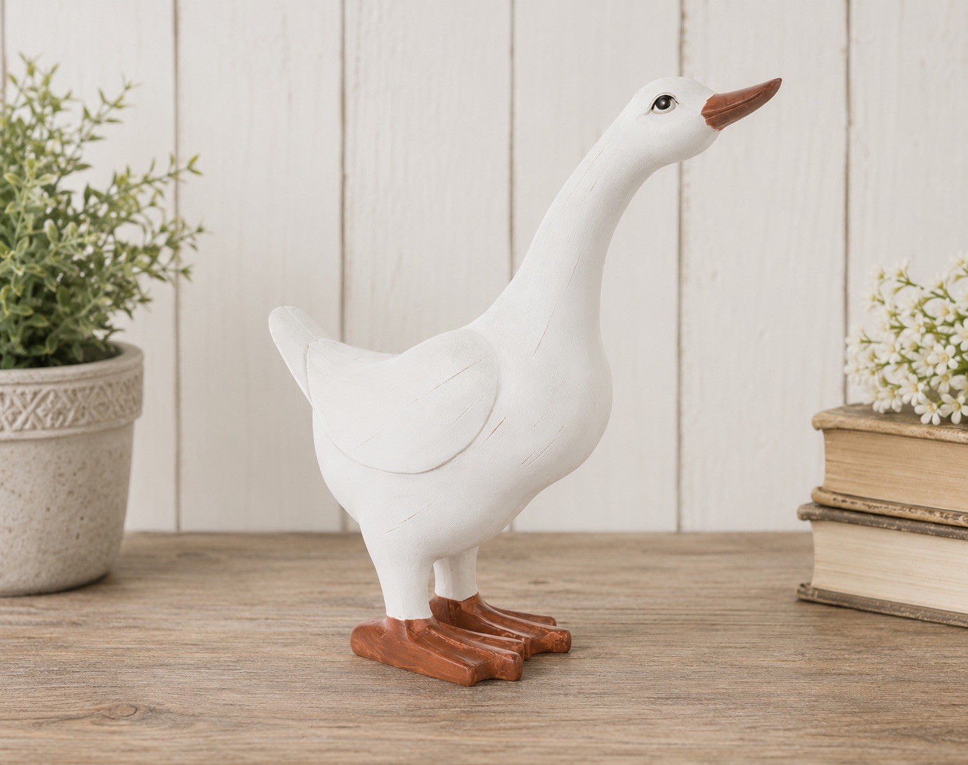 White Carved Goose Large 12” Statue Figurine Dress Up Goose Resin White Goose
