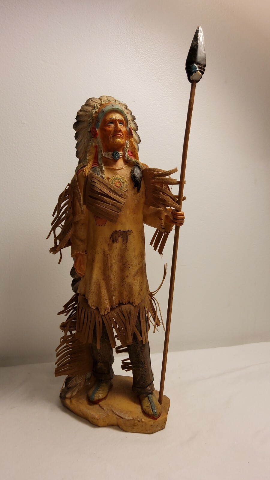 Indian Cheif 14 In. Tall Top Of Spear 12.25 In. Top Of Indian Ceramic