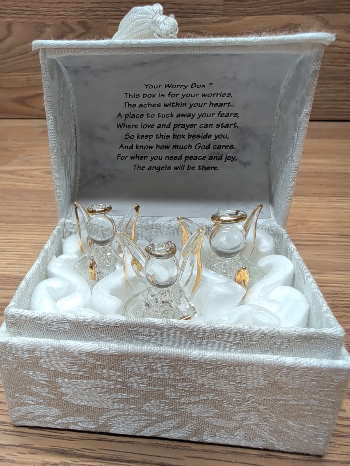 Angel Worry Box 3 Spun Glass Angels White Brocade Chest Clear Gold NWOB