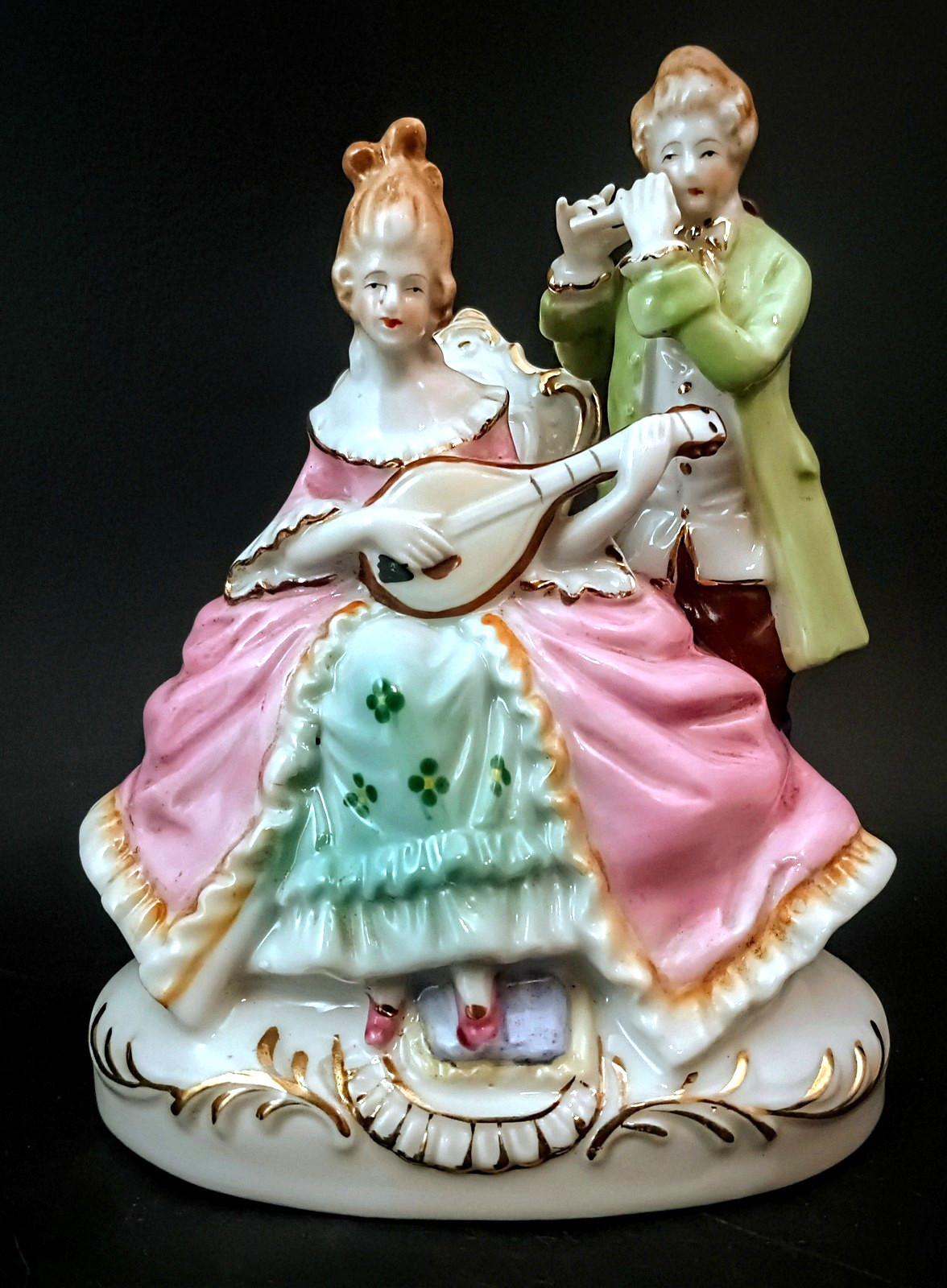 Hand Painted Porcelain Figurine, Victorian Courting Couple Playing Music, Japan