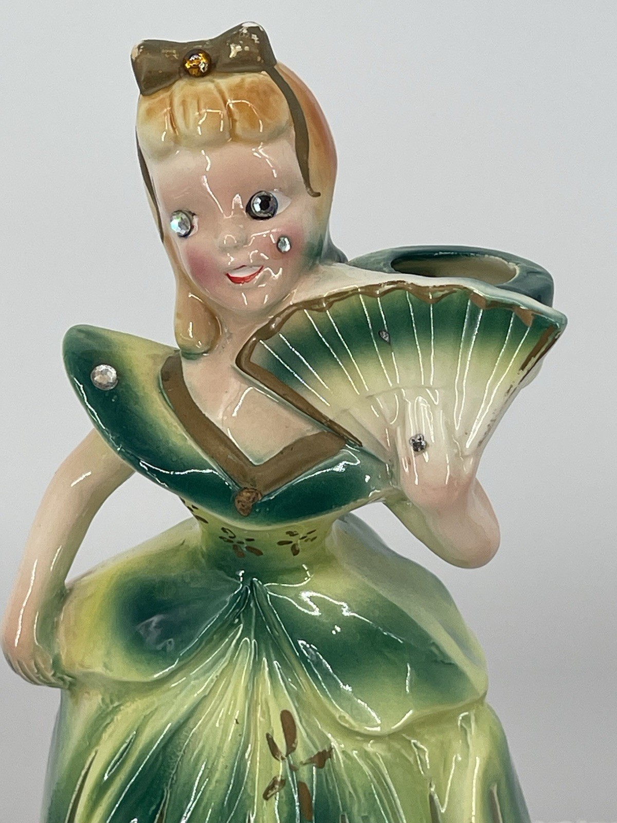 VTG 50’s Ceramic Kreiss Napkin Lady Green Dress W/ Fan & Candle Holder 9” Tall