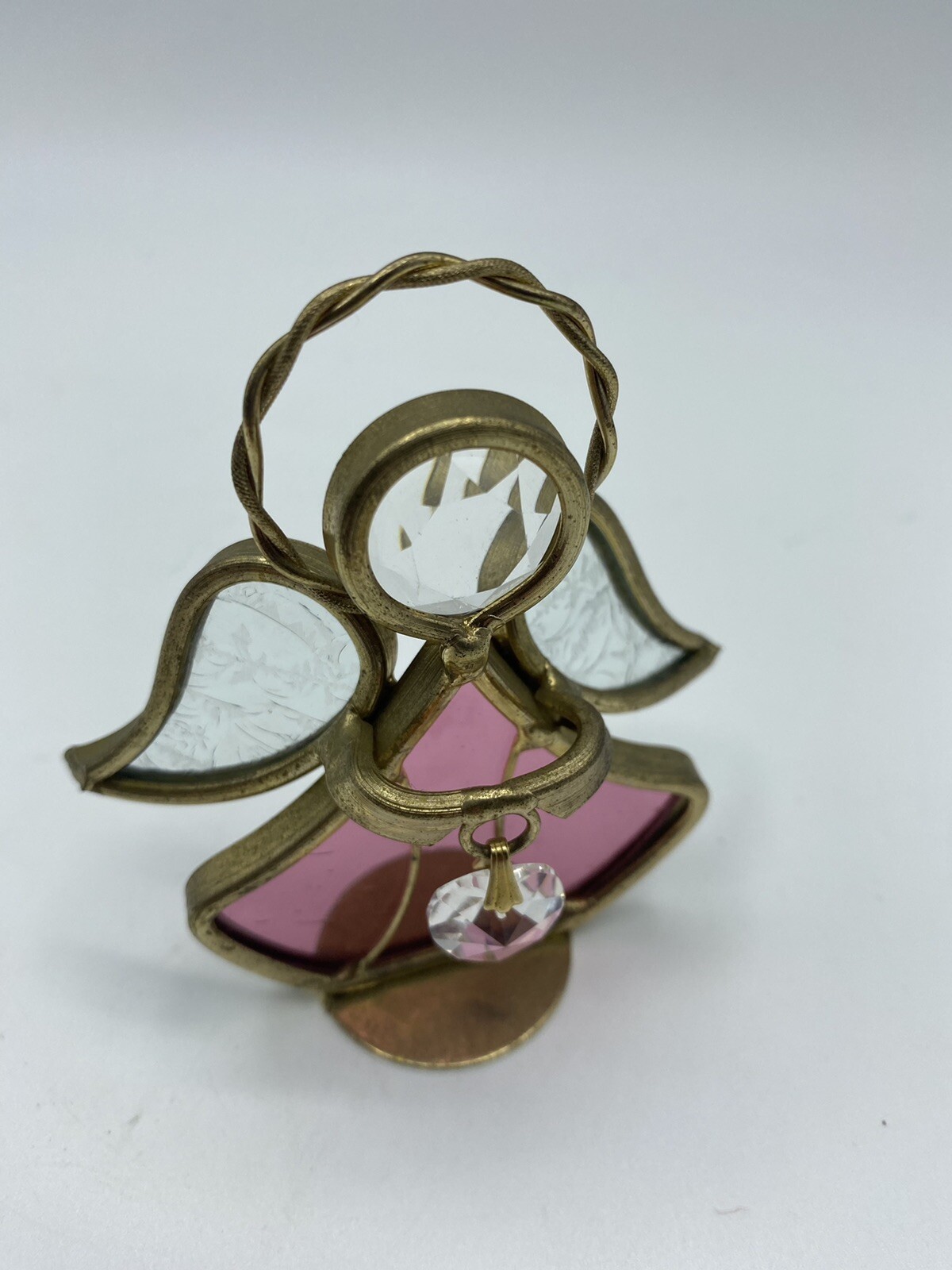 Vtg Stained Pink Clear Glass Metal Angel Figurine Ornament w/Heart 3 1/8″ Tall