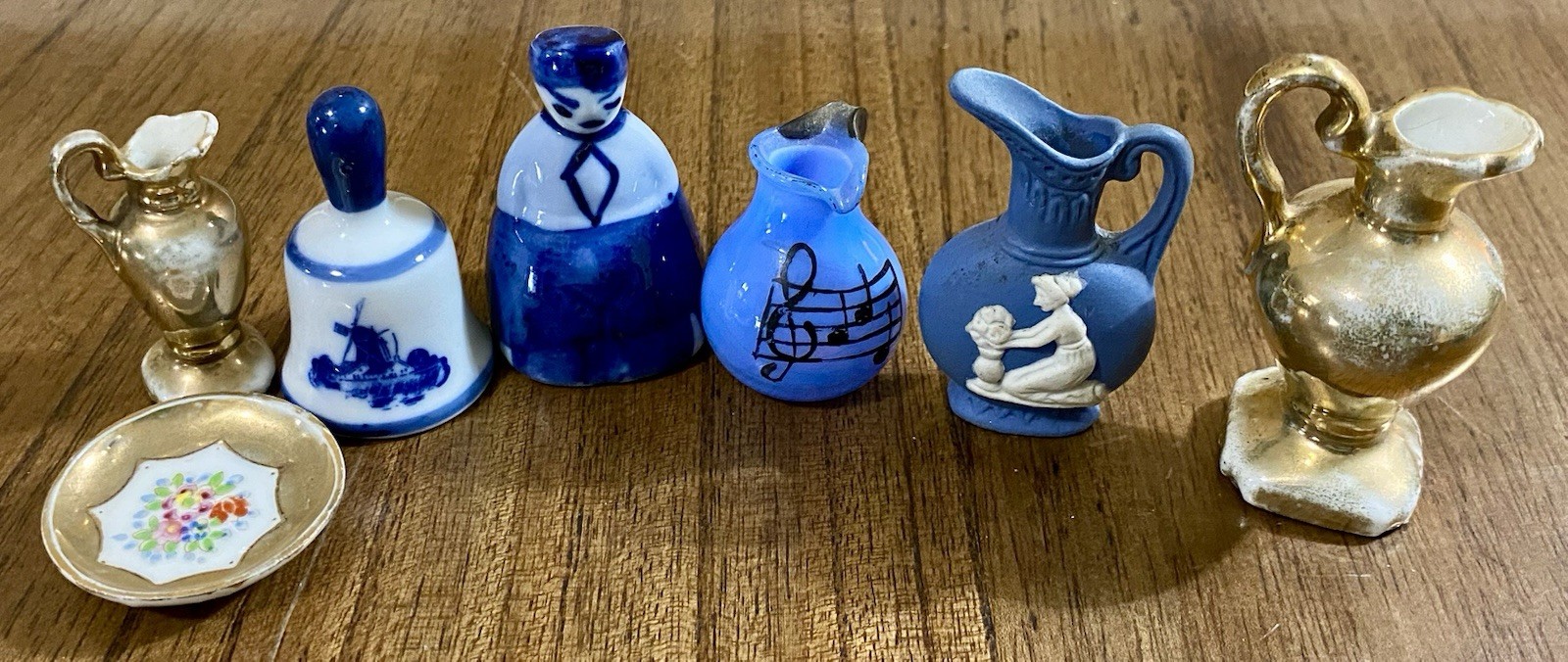 Vintage 7 Piece Set Of Porcelain & Glass Miniatures; Tea Set, Pitcher, Figurine