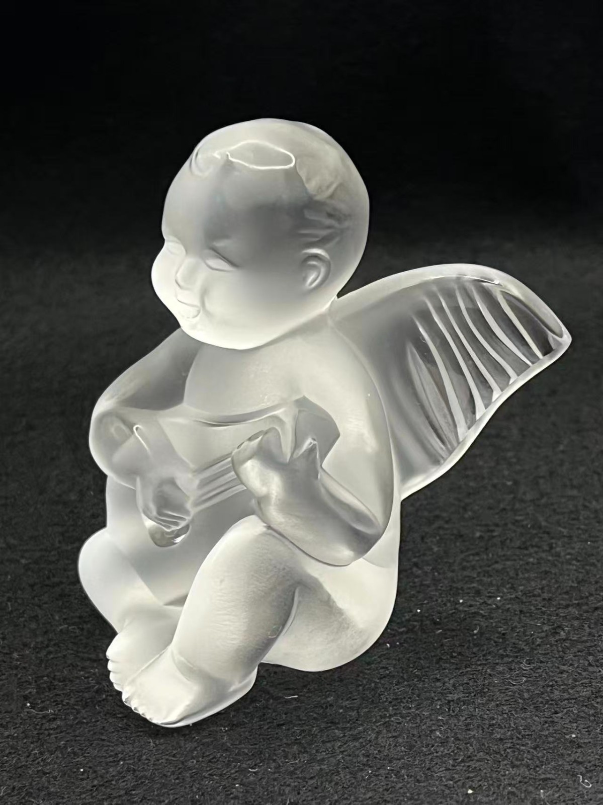 Lalique France Frosted Crystal Cherub Playing Mandolin Figurine 3.2in Tall