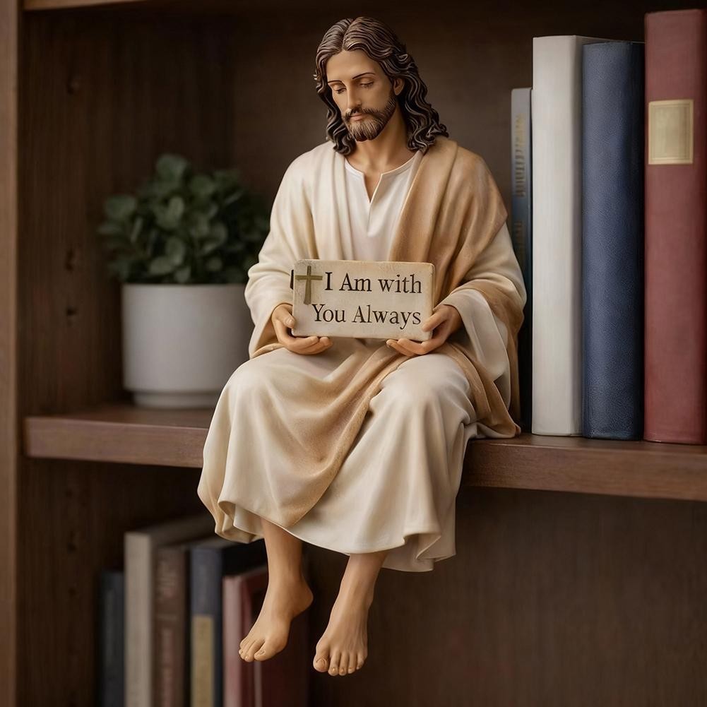 Jesus-Resin Desk Figurine with“I Am with You Always”Sign Handmade Sitting Statue