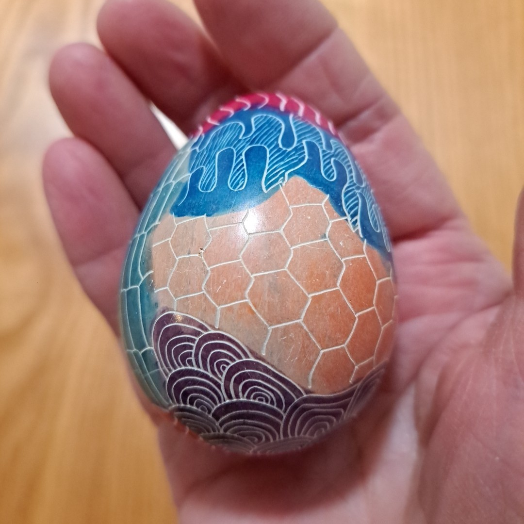 Sandstone Egg Hand Carved & Ornate Hand Painted Multicolor Elephant Kenya 2.5″