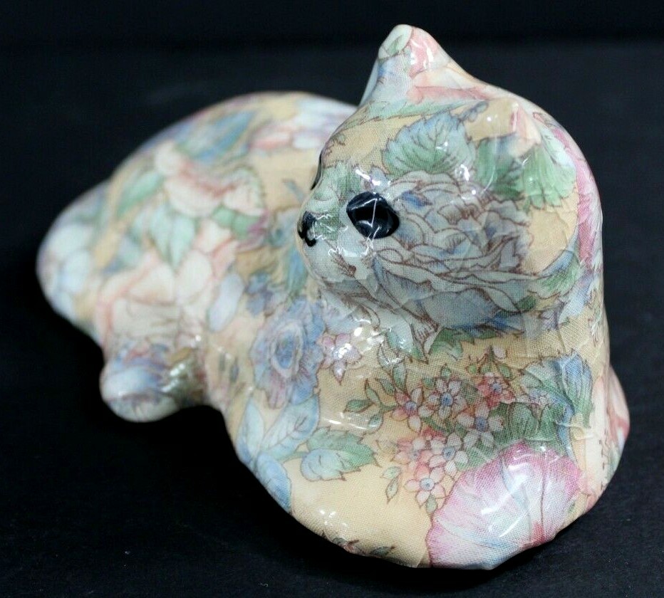 Vintage Floral Decoupage Patchwork Porcelain Cat Figurine by Joan Baker Designs